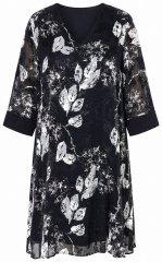 Ulla Popken 852959 Abito a fiori con maniche a 3/4 Nero