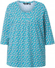 Ulla Popken Flower Print 3/4 Sleeve A-Line Tee Deep Aqua