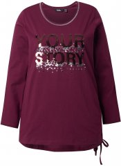 Ulla Popken Your Story Sequined Long Sleeve Tunic Tee Dark Ruby