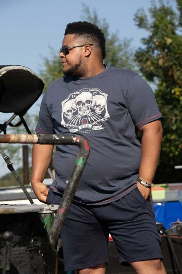 D555 COOK Trio Of Skulls Printed Crew Neck T-Shirt Slate Blue - Magliette - Magliette Uomo Taglie Forti