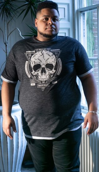 D555 DARREN Skull Printed T-Shirt With Double Layer On Hem & Cuff Black Reno - Magliette - Magliette Uomo Taglie Forti