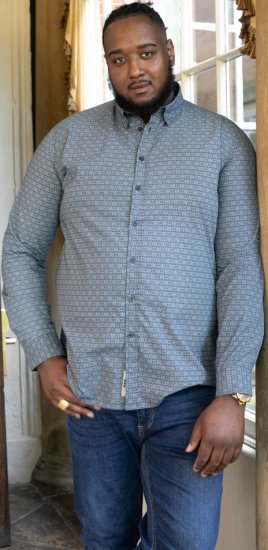D555 MANGALA Geometric AOP Long Sleeve Shirt With Concealed Button Down Collar Navy - Camicie - Camicie Taglie Forti Uomo