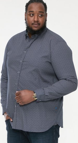 D555 MORGAN Micro AOP Long Sleeve Shirt With Concealed Button Down Collar Navy - Camicie - Camicie Taglie Forti Uomo