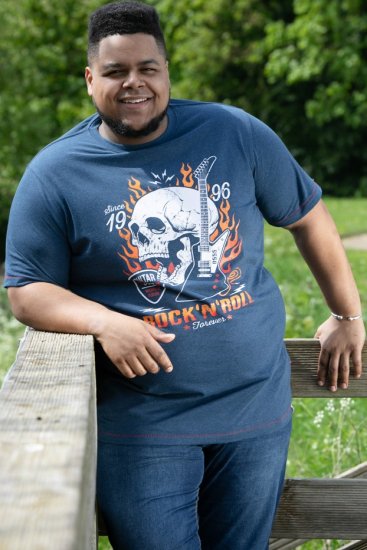 D555 NEAL Skull With Flames Printed Crew Neck T-Shirt Navy/Blue Twist - Magliette - Magliette Uomo Taglie Forti