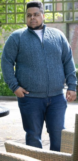 D555 ECCLES Cable Knitted Zip Through Sweater With Bonded Check Lining Denim Marl - Felpe & felpe con cappuccio - Felpe & Felpe con Cappuccio Uomo Taglie Forti