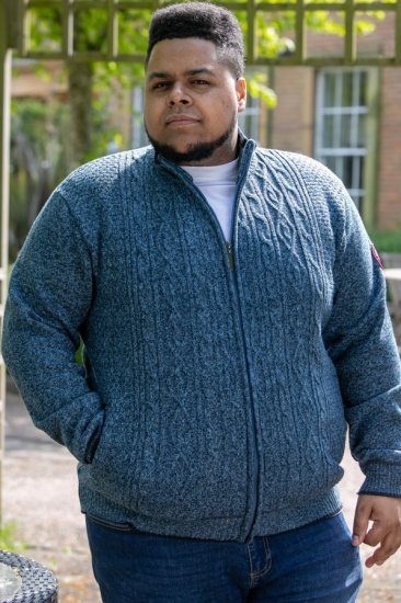 D555 ECCLES Cable Knitted Zip Through Sweater With Bonded Check Lining Denim Marl - Felpe & felpe con cappuccio - Felpe & Felpe con Cappuccio Uomo Taglie Forti