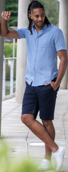 D555 Falmouth 1 Linen Mix Short Sleeve Shirt With Button Down Blue - Camicie - Camicie Taglie Forti Uomo