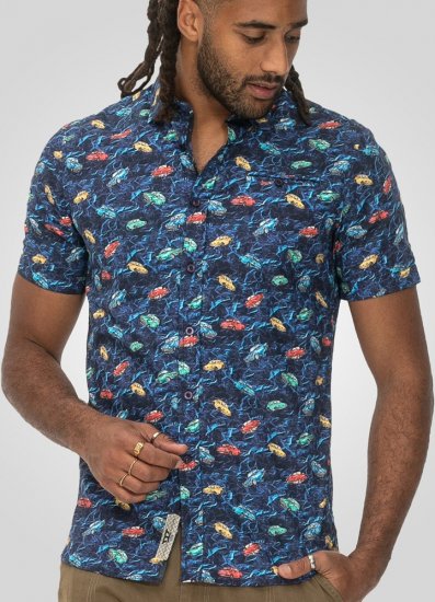 D555 Hartlepool Short Sleeve Vintage Car AOP Stretch Shirt Blue - Camicie - Camicie Taglie Forti Uomo