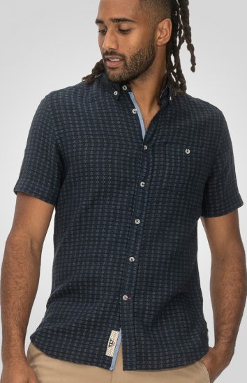 D555 Pontefract Jacquard Linen Mix Short Sleeve Shirt With Button Down Navy - Camicie - Camicie Taglie Forti Uomo