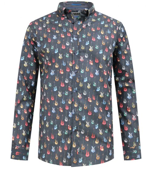 D555 Wakefield Long Sleeve AOP Guitar Printed Shirt Grey - Camicie - Camicie Taglie Forti Uomo
