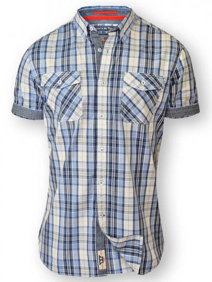 D555 FIDEL Twin Pocket Short Sleeve Blue & Ecru Check Shirt - Camicie - Camicie Taglie Forti Uomo
