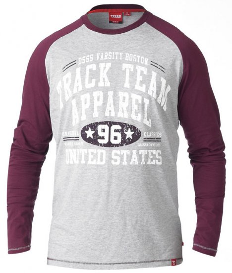 D555 KELTON Long Sleeve Raglan T-Shirt Grey/Burgundy - Magliette - Magliette Uomo Taglie Forti