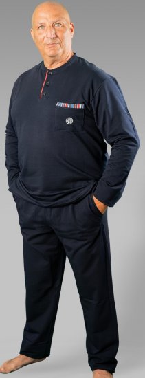 20 Nodi Long Pajamas in Stretch Fleece Cotton with Serafino Collar and Jacket with Pocket and Side Slits Navy - Pigiami/Loungewear - Pigiama Uomo Taglie Forti