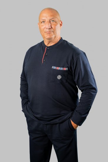 20 Nodi Long Pajamas in Stretch Fleece Cotton with Serafino Collar and Jacket with Pocket and Side Slits Navy - Pigiami/Loungewear - Pigiama Uomo Taglie Forti