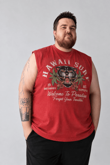 Kam Jeans 5763 Hawaii Surf Vest Sleeveless T-Shirt Washed Red - Magliette - Magliette Uomo Taglie Forti