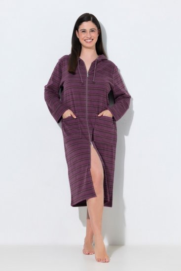 Ulla Popken 821543 Accappatoio in spugna a righe con zip Marrone - Vestaglie & accappatoi - 
