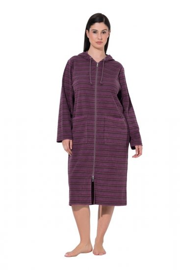 Ulla Popken 821543 Accappatoio in spugna a righe con zip Marrone - Vestaglie & accappatoi - 
