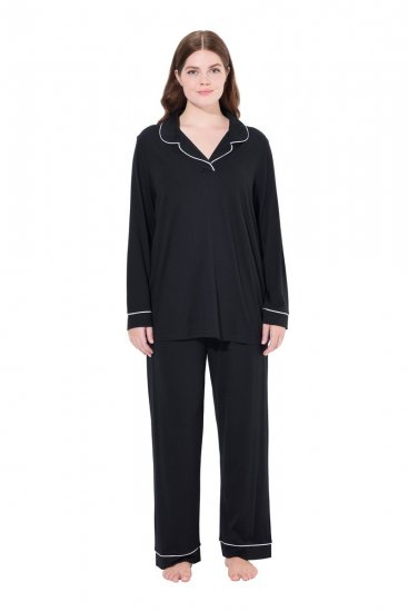 Ulla Popken 823030 Pigiama con collo a camicia Nero - Pigiami/Loungewear - 