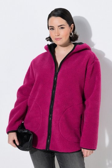 Ulla Popken 823371 Giacca in teddy con cappuccio e tasche trapuntate Fucsia - Abbigliamento in pile - 