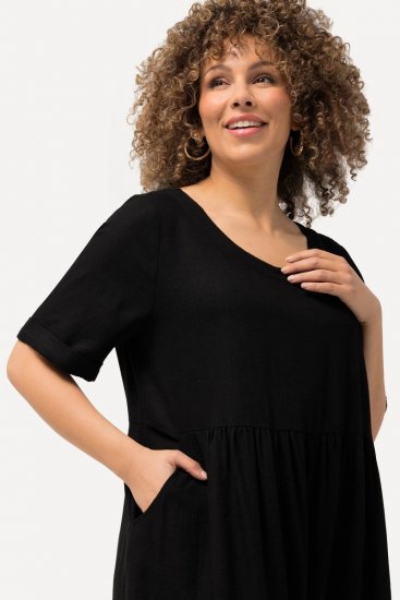 Ulla Popken 829837 Abito in misto lino a maniche corte Nero - Abiti estivi - Abiti estivi taglie forti