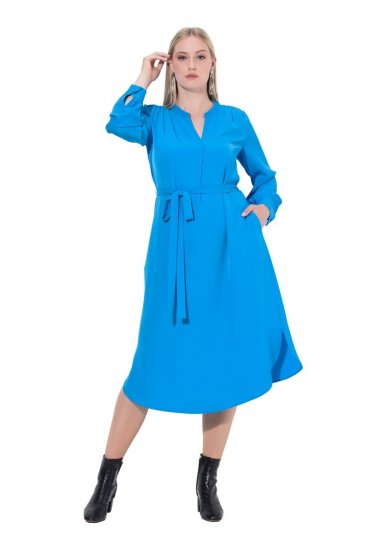 Ulla Popken 831004 Abito midi a maniche lunghe con scollo a V Blu reale - Vestiti midi - Abiti midi taglie comode