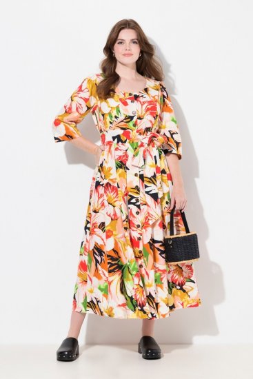 Ulla Popken 832512 Abito in misto lino a fiori con maniche a 3/4 Rosso - Vestiti maxi - Abiti maxi taglie forti