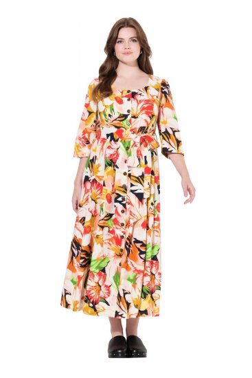 Ulla Popken 832512 Abito in misto lino a fiori con maniche a 3/4 Rosso - Vestiti maxi - Abiti maxi taglie forti