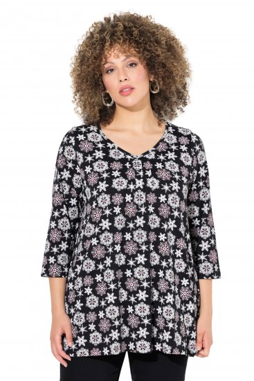 Ulla Popken Snowflake Print 3/4 Sleeve A-Line Tee Black - T-shirt stampate da donna - 