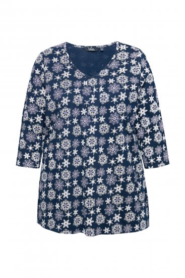 Ulla Popken Snowflake Print 3/4 Sleeve A-Line Tee Navy - T-shirt stampate da donna - 