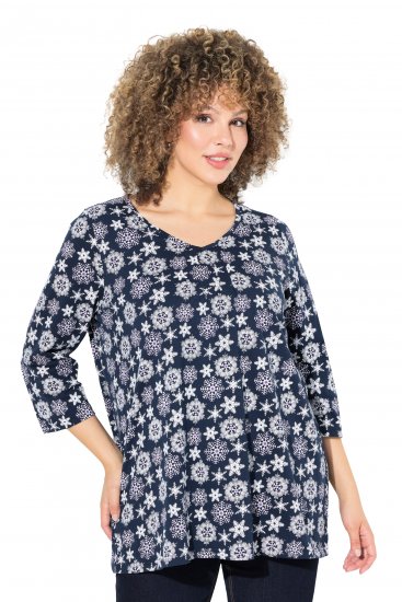 Ulla Popken Snowflake Print 3/4 Sleeve A-Line Tee Navy - T-shirt stampate da donna - 