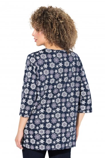 Ulla Popken Snowflake Print 3/4 Sleeve A-Line Tee Navy - T-shirt stampate da donna - 