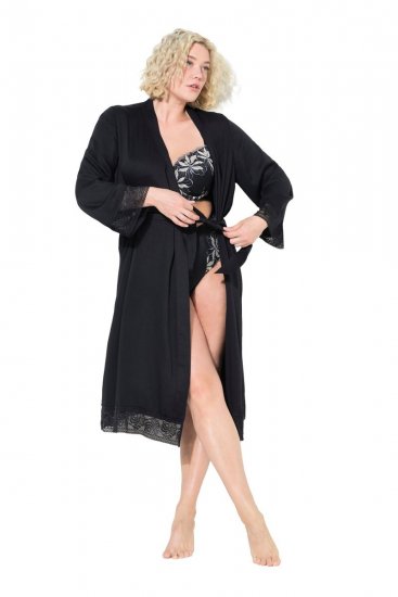 Ulla Popken 834837 Accappatoio kimono con pizzo Nero - Vestaglie & accappatoi - 