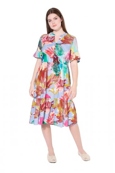 Ulla Popken 836746 Abito midi a fiori con volant Azzurro - Vestiti midi - Abiti midi taglie comode