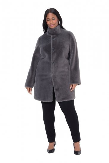Ulla Popken 843003 Cappotto in pelliccia sintetica con collo alto Grigio - Cappotti - Cappotti taglie forti da donna