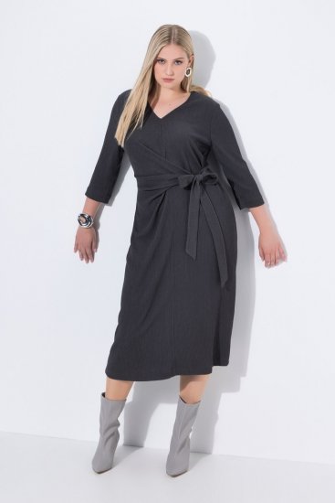 Ulla Popken 843595 Abito a portafoglio con maniche a 3/4 Grigio melange - Vestiti midi - Abiti midi taglie comode