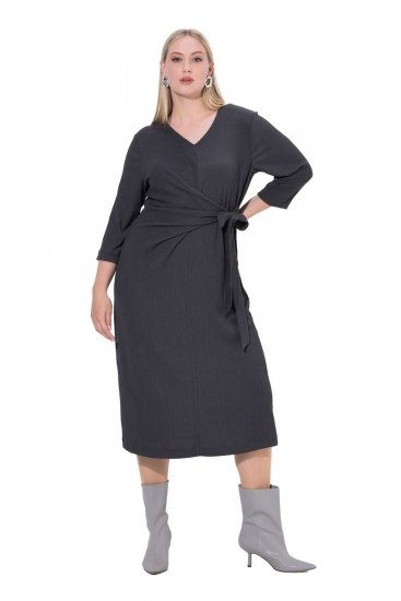Ulla Popken 843595 Abito a portafoglio con maniche a 3/4 Grigio melange - Vestiti midi - Abiti midi taglie comode