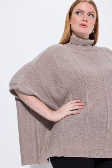 Ulla Popken 844996 Poncho a coste in merino con collo alto Marrone chiaro - Poncho e mantelle - 