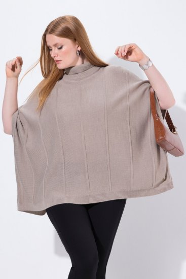 Ulla Popken 844996 Poncho a coste in merino con collo alto Marrone chiaro - Poncho e mantelle - 
