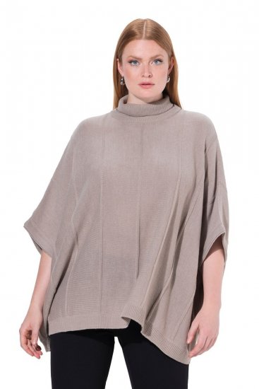 Ulla Popken 844996 Poncho a coste in merino con collo alto Marrone chiaro - Poncho e mantelle - 