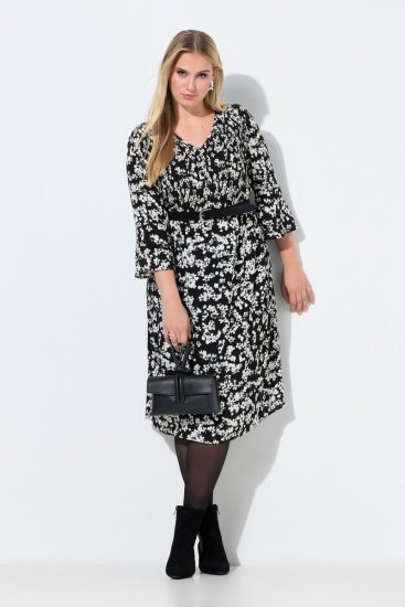 Ulla Popken 845825 Abito midi a fiori con maniche a 3/4 Nero - Vestiti midi - Abiti midi taglie comode