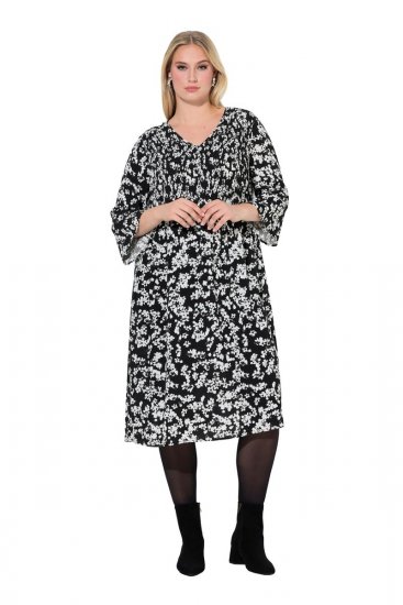 Ulla Popken 845825 Abito midi a fiori con maniche a 3/4 Nero - Vestiti midi - Abiti midi taglie comode