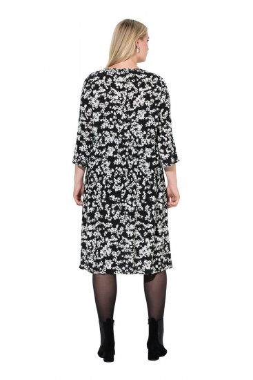 Ulla Popken 845825 Abito midi a fiori con maniche a 3/4 Nero - Vestiti midi - Abiti midi taglie comode