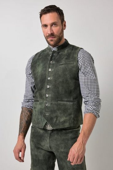 JP1880 846808 Gilet in pelle scamosciata di capra Oliva scuro - Trachten & Oktoberfest - Costumi Oktoberfest taglie forti (Trachten)