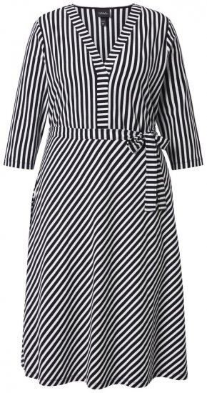 Ulla Popken 848052 Abito midi a righe con cintura da annodare Nero - Vestiti midi - Abiti midi taglie comode