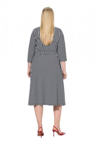Ulla Popken 848052 Abito midi a righe con cintura da annodare Nero - Vestiti midi - Abiti midi taglie comode