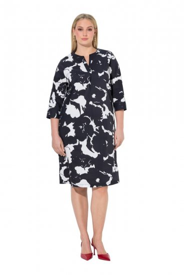 Ulla Popken 848061 Abito midi a fiori con maniche a 3/4 Nero - Vestiti midi - Abiti midi taglie comode