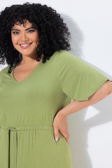 Ulla Popken 848829 Abito midi a maniche corte con coulisse Verde chiaro - Vestiti midi - Abiti midi taglie comode