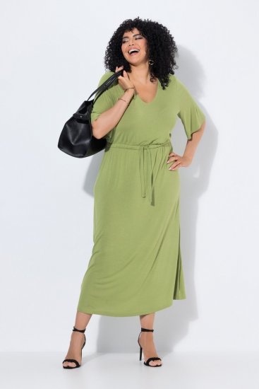 Ulla Popken 848829 Abito midi a maniche corte con coulisse Verde chiaro - Vestiti midi - Abiti midi taglie comode
