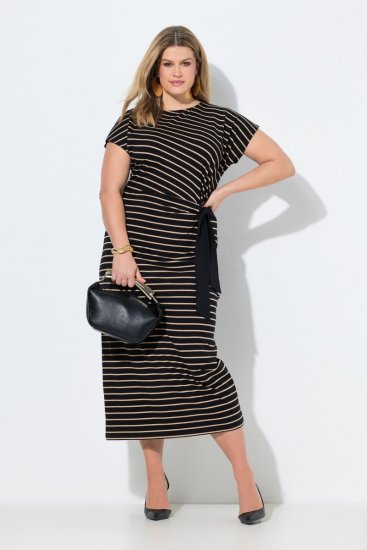 Ulla Popken 848921 Abito in jersey a righe con cintura da annodare Nero - Vestiti maxi - Abiti maxi taglie forti