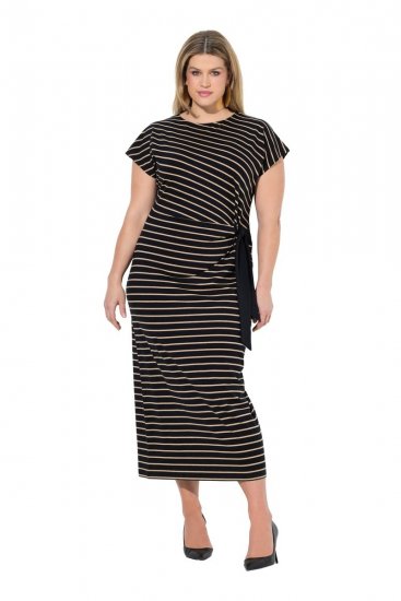 Ulla Popken 848921 Abito in jersey a righe con cintura da annodare Nero - Vestiti maxi - Abiti maxi taglie forti